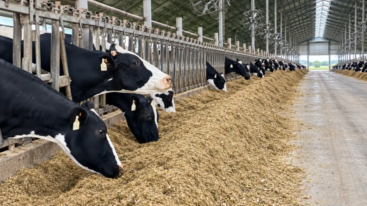 Seleção no cocho: vacas leiteiras comendo TMR no corredor de alimentação