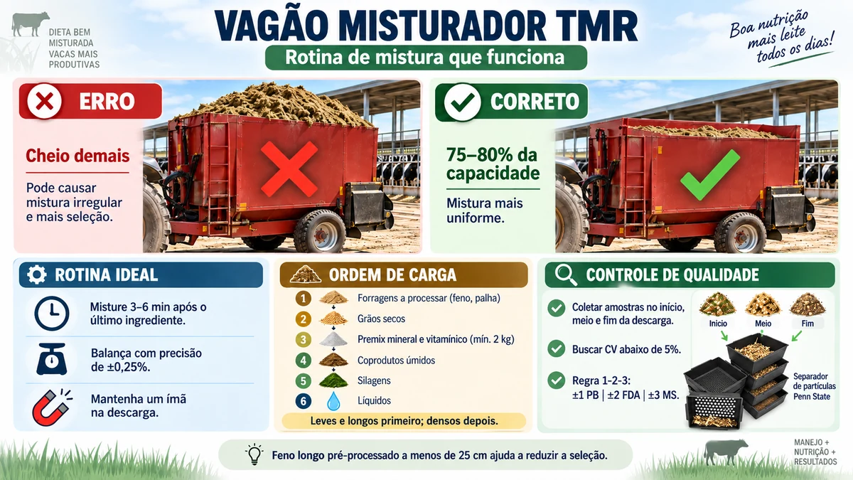 Vagão misturador TMR: infográfico de erro x correto, rotina, ordem de carga e controle de qualidade